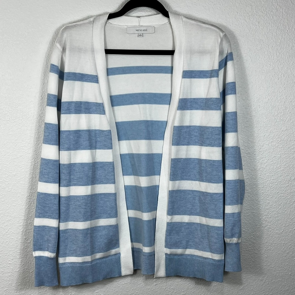 Verve Ami Cardigan Sweater Blue White Striped Open‎ Front Women's Small